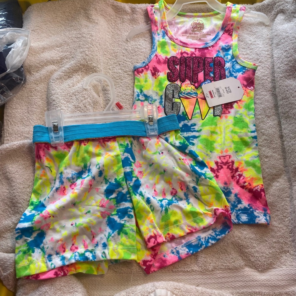 Faded Glory Girls Neon Tie Dye Tank and Shorts Set Size 6-6X Glitter Ice Cream